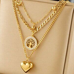 18K Gold Plated Gold Tree Of Life Stainless Steel  Necklace Sets 3 Piece Set